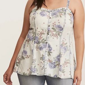 MULTI-COLOR FLORAL PRINT DENIM SEAMED CAMI TOP